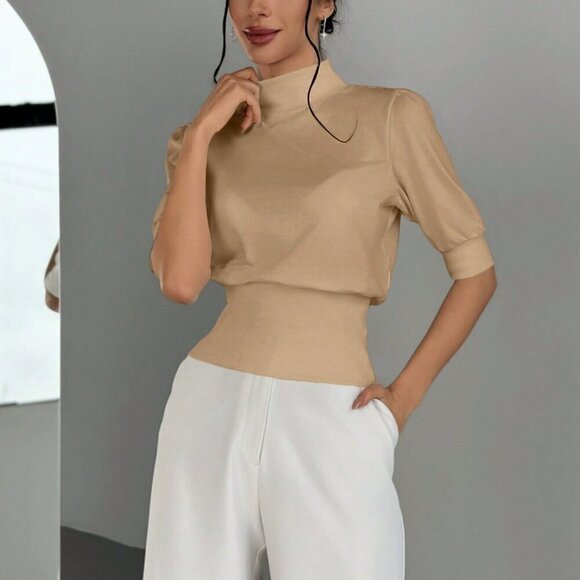 Apricot Women's Color Stand Collar Waist Cinched Bubble Sleeve Shirt - Picture 4 of 6